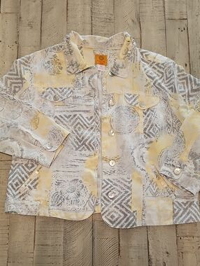 Ruby Rd. Womens White and Yellow Embellished Linen Blend Jacket Size 12